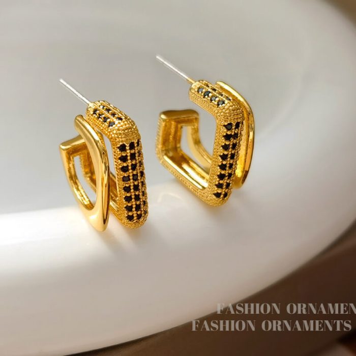 European and American retro geometric C-shaped earrings niche double-layer earrings zircon earrings